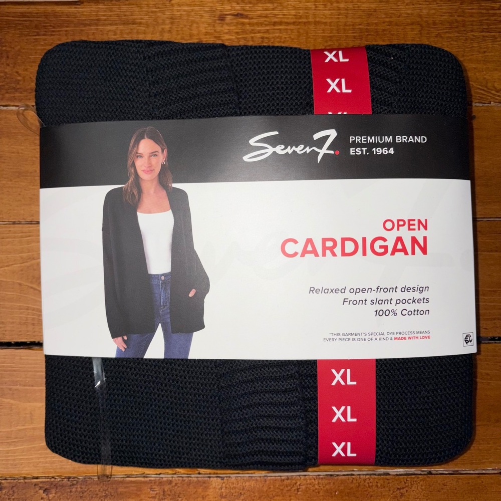 Seven7 Open Cardigan Womens XL Jet Black 100% Cotton Relaxed Pockets 7M8349 NEW